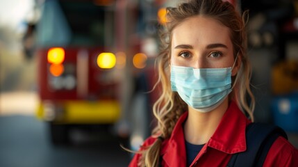 Wall Mural - A woman in a red shirt with surgical mask on her face, AI