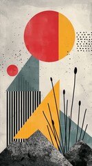 Poster - A painting of a mountain with some red and yellow shapes, AI