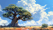 A majestic baobab tree standing tall against the vast African sky, its gnarled branches reaching towards the heavens.