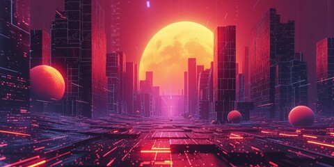 Sticker - A futuristic city with a large moon in the background, AI