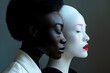 Photo of an African woman and asian woman with eyes closed, leaning against a white mannequin with a dramatic lighting contrast