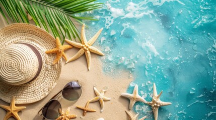 Canvas Print - A straw hat, sunglasses and starfish on a beach, AI