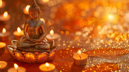 Wall Mural - A banner for Vesak Day featuring a Buddha statue, candles, and an orange background invites inner peace and enlightenment, surrounded by shimmering bokeh and sparkle, with free space