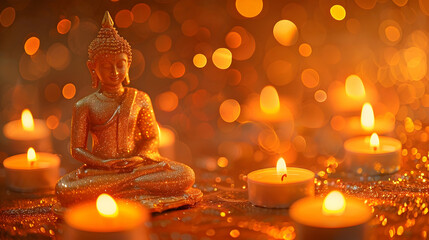 Wall Mural - A banner featuring Buddha and candles against an orange backdrop invites meditation and inner enlightenment, surrounded by shimmering bokeh and sparkle, with free space