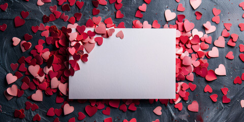 Wall Mural - A blank white card  on red and pink hearts  background, valentines day, banner