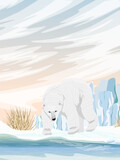 Fototapeta Dinusie - A large polar bear stands on the shore of the northern sea. Snow-covered plain with high ice cliffs. Arctic at dawn. Permafrost. Realistic vector vertical landscape