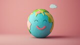 Fototapeta Pokój dzieciecy - Smiling Earth globe cartoon smiley on solid gradient background for EARTH DAY, Happy Earth Globe Cartoon perfect for Earth day designs