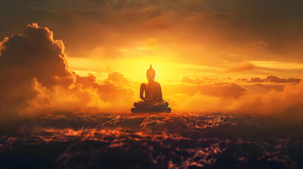 Wall Mural - Vesak day banner with copy space, silhouette of buddha against the background of clouds illuminated by the dawn sun with space for text