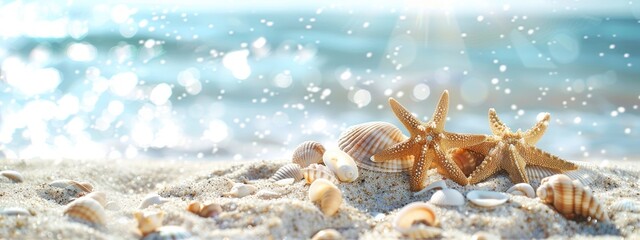 Wall Mural - Beach with starfish and shells on the white sand, blurred background of sea or ocean. summer vacation concept