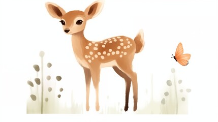  Tranquil Illustration of a Fawn with a Butterfly in a Wildflower Meadow