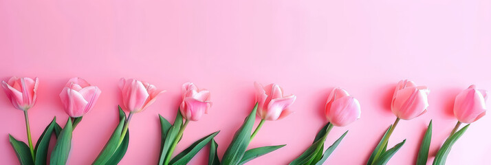 Wall Mural - pink tulips on pink background, flat lay banner with copy space for text,Valentine's Day, Happy Women's Day,Mother's Day, birthday,