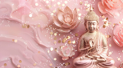 Wall Mural - banner for Vesak day with copy space, on a pink background buddha statue and lotuses with place for text