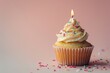 photography, birthday cupcake with candle, plain background with space for text, pastel shades --ar 3:2 --style raw --stylize 250 Job ID: 3a19b57a-43b5-422e-adbd-792c93bf25e6