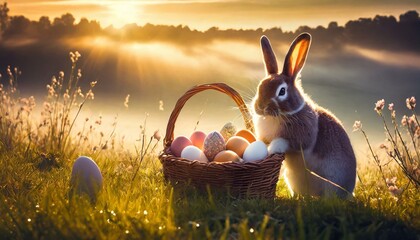Wall Mural - Easter Bunny placing eggs in a misty meadow at dawn. Ai Generated