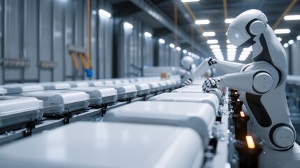 Wall Mural - Robotic arm handling products on an assembly line within an industrial manufacturing facility. Automation and technology in modern production.