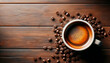 Closeup of coffee cup on detailed wooden background with abundant beans, natural lighting. Generative AI