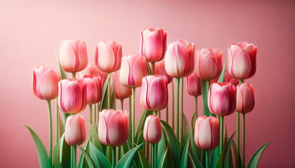 Wall Mural - tulips with varied pink hues standing against a coral backdrop. botanical illustration concept. gene
