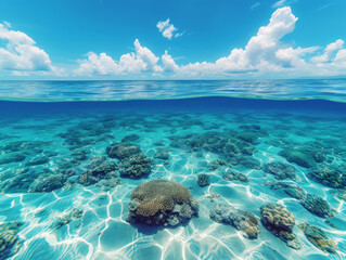 Wall Mural - Crystal clear water showcasing a serene coral reef under a sunny sky. Marine preservation concept. Generative AI