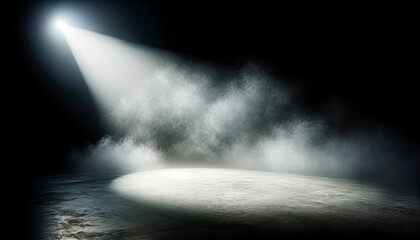 Wall Mural - Spotlight on empty stage with smoke against dark background. Performance and mystery concept. Generative AI