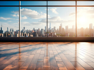 Canvas Print - Spacious room with polished wooden floor and panoramic view of urban skyline at sunset. Generative AI