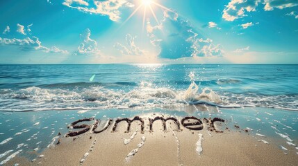 Wall Mural - The word summer written in the sand on beach with blue sky and sun, ocean waves and bright sunlight. summer concept