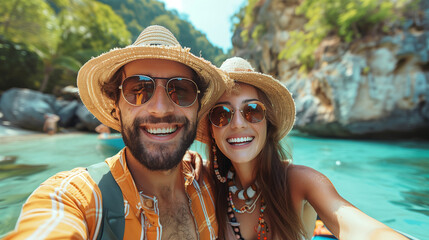 Couple traveling and taking a selfie with hat and sunglasses on vacation.