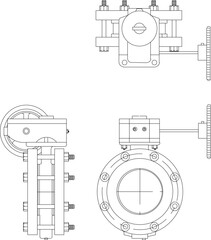 Sticker - vector design sketch illustration, technical drawing of iron pipe fittings, joints and parallels