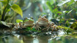 cute frogs in a pond with water lilies