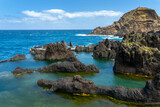 Fototapeta Tulipany - Tourists visiting the natural seawater lava pools in Porto Moniz, Madeira island, Portugal