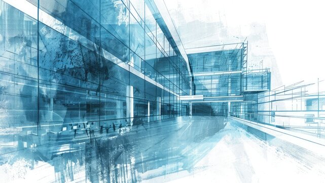 Healthcare facility blueprinting with white background, blue vertical paint stroke, textured, futuristic design.