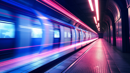 Wall Mural - Tube station passing by at speed forming light trails from long exposure. Metro train passing station in fast movement, Transportation concept	