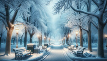 Snow-covered Park With Benches And Street Lamps, Photorealistic Style, On A Tranquil Winter Night, Concept Of Winter Beauty. Generative AI