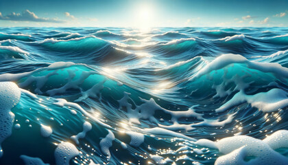 Wall Mural - Realistic ocean waves with sunlight reflecting, against a sky background, depicting the concept of nature's beauty. Generative AI