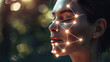 An elegant woman with closed eyes, her face illuminated in the style of futuristic LED lights that highlight symmetrical lines and facial features on one side
