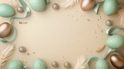 Wall Mural - Elegant Easter eggs with feathers, ribbon, and confetti on a beige background