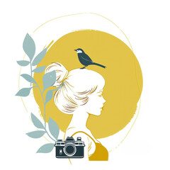 Wall Mural - Travel logo. Silhouette of a blonde girl with bird and camera in a minimalist design