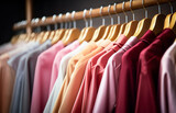 Fototapeta  - Zbliżenie na równy rząd kolorowych, lekkich, letnich ubrań wiszących na drewnianych wieszakach w domowej szafie, w sklepie. Koncepcja handlu, kolekcjonowania odzieży.