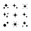 Sparkle vector silhouette set. Star icon flat design element. Bright firework decoration twinkle, flash. Glowing light effect and burst collection.