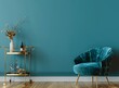 Vibrant teal wall with a stylish accent chair and brass bar cart in a contemporary home interior design, teal room mock up, high definition, taken in the style of Canon EOS