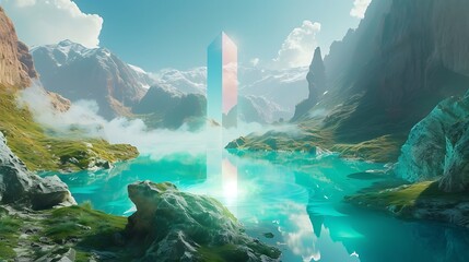 Wall Mural - an AI-crafted visual showcasing a surreal landscape with a radiant prism hovering above a turquoise lake, embodying the concept of boundless opportunities attractive look