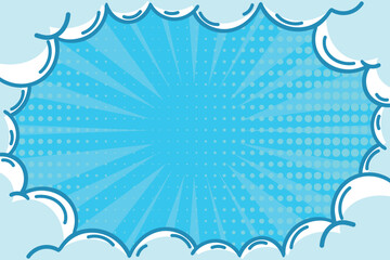 Wall Mural - Comic background in retro pop art style. Stripe and dotted sky blue background decorated with clouds. Vector illustration