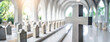 A stone cross stands prominently in a chapel with arched corridors. A symbol of faith dominates a bright, architecturally temple. Panorama with copy space.