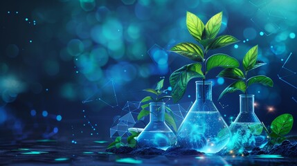 Poster - beakers and flasks filled with plants, set against a science lab