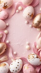 Wall Mural - Elegant Easter eggs decorated with gold on a pink background with ribbons.