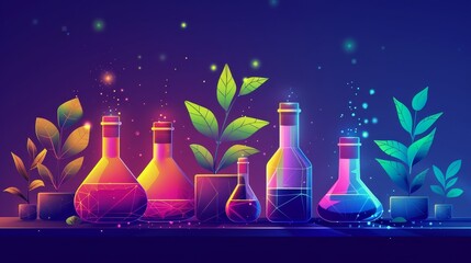 Poster - organic science laboratory equipment accompanied by plants and leaves