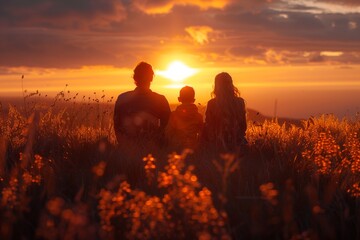 Poster - As the sun sets, a family enjoys the beautiful natural landscape, immersed in the warm sunlight and colorful sky at dusk, feeling happy and at peace