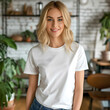 Attractive Girl wearing blank grey t-shirt mockup, Beautiful woman wearing blank belle cavnas 3001 casual shirt mockup.