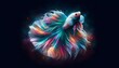A strikingly colorful betta fish with flowing fins is artfully depicted against a starry, cosmic background in this digital illustration.