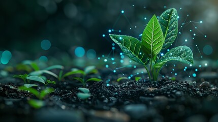 Poster - alongside a green sprout emerging from soil, with a large holographic leaf