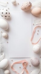 Wall Mural - Elegant Easter themed layout with decorated eggs, ribbons, and copyspace